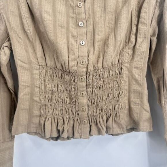 Free‎ People Tammy Button down Tan Size XS Crinkle Smocked Top Collared - Picture 8 of 11